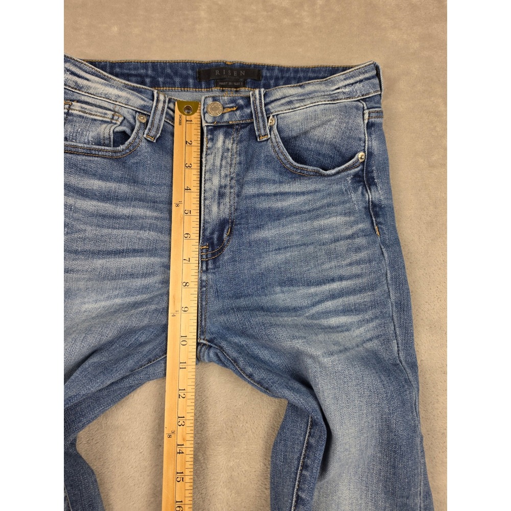 Risen Flare Jeans Womens 28/7 Blue High Rise Raw Hem Stretch Boho Bell RDP1292 - Picture 8 of 12